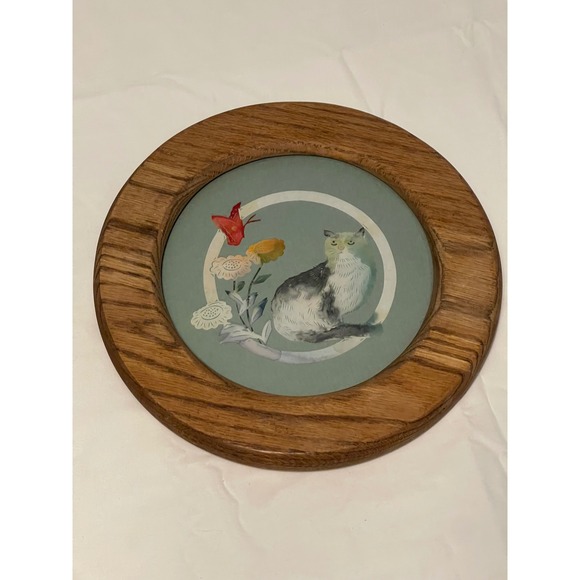 Unbranded Other - Vintage Round Oak Framed Cat and Butterfly Wall Art Sage Green Folk Art Decor